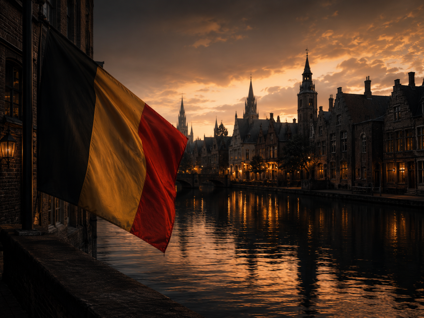 Belgian flag by a historic canal at golden hour