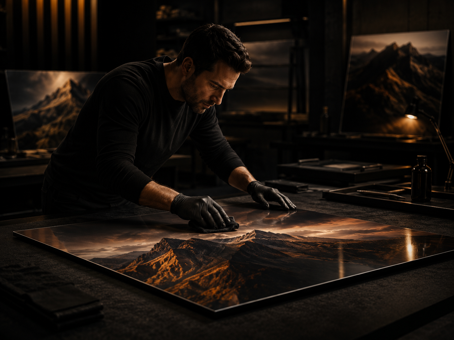 Craftsman preparing a glossy aluminium print in the NexArt studio