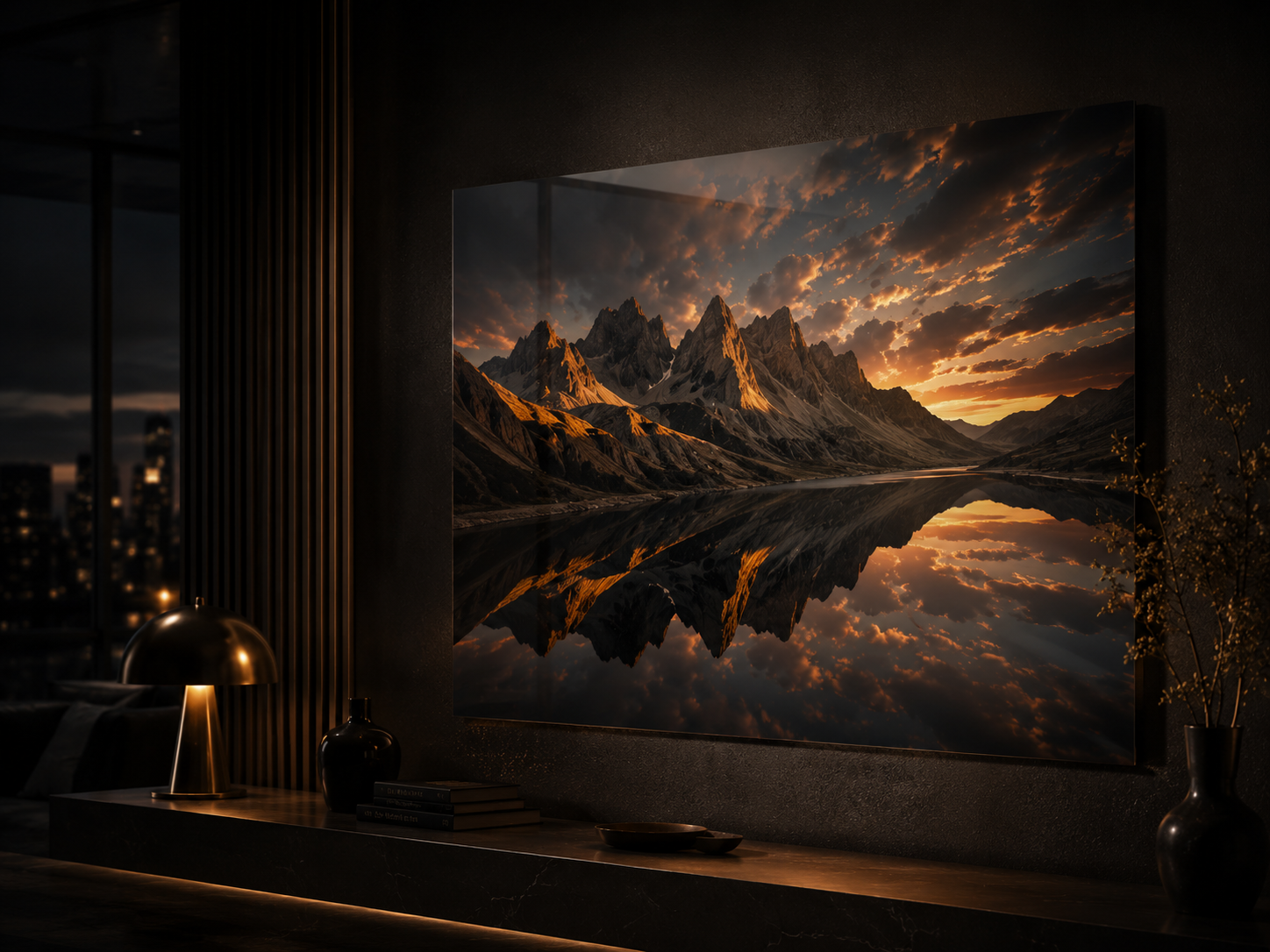 Premium glossy aluminium poster mounted on a dark wall