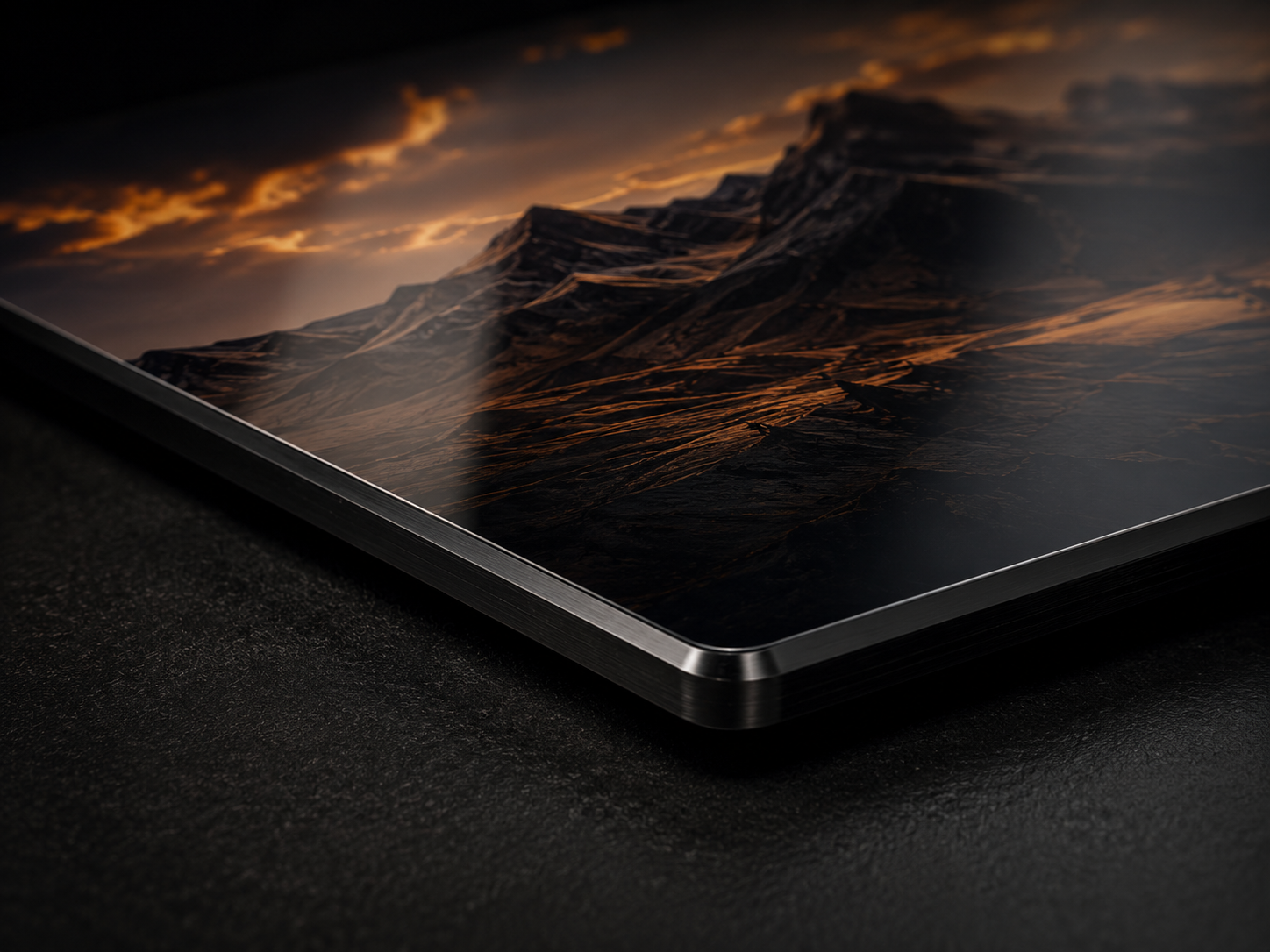 Close-up of a glossy aluminium poster surface and edge
