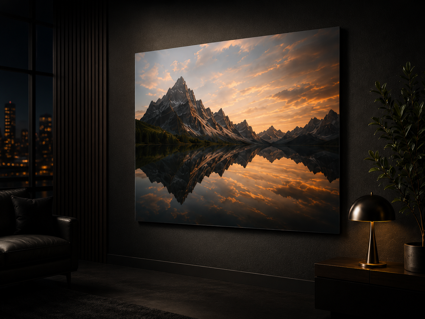 Premium aluminium poster displayed in a luxurious modern living room