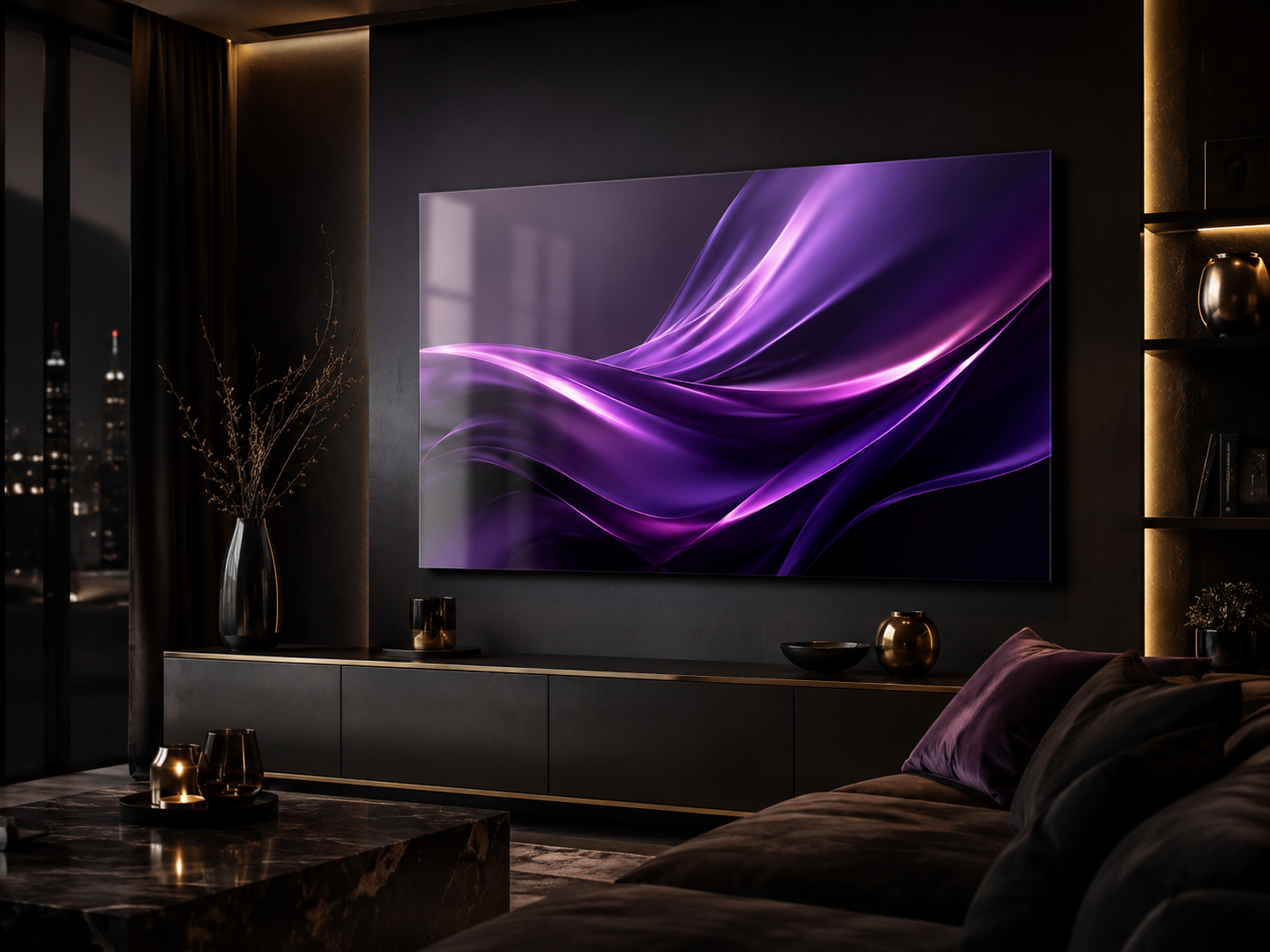 NexArt aluminium poster displayed in a dark premium bedroom
