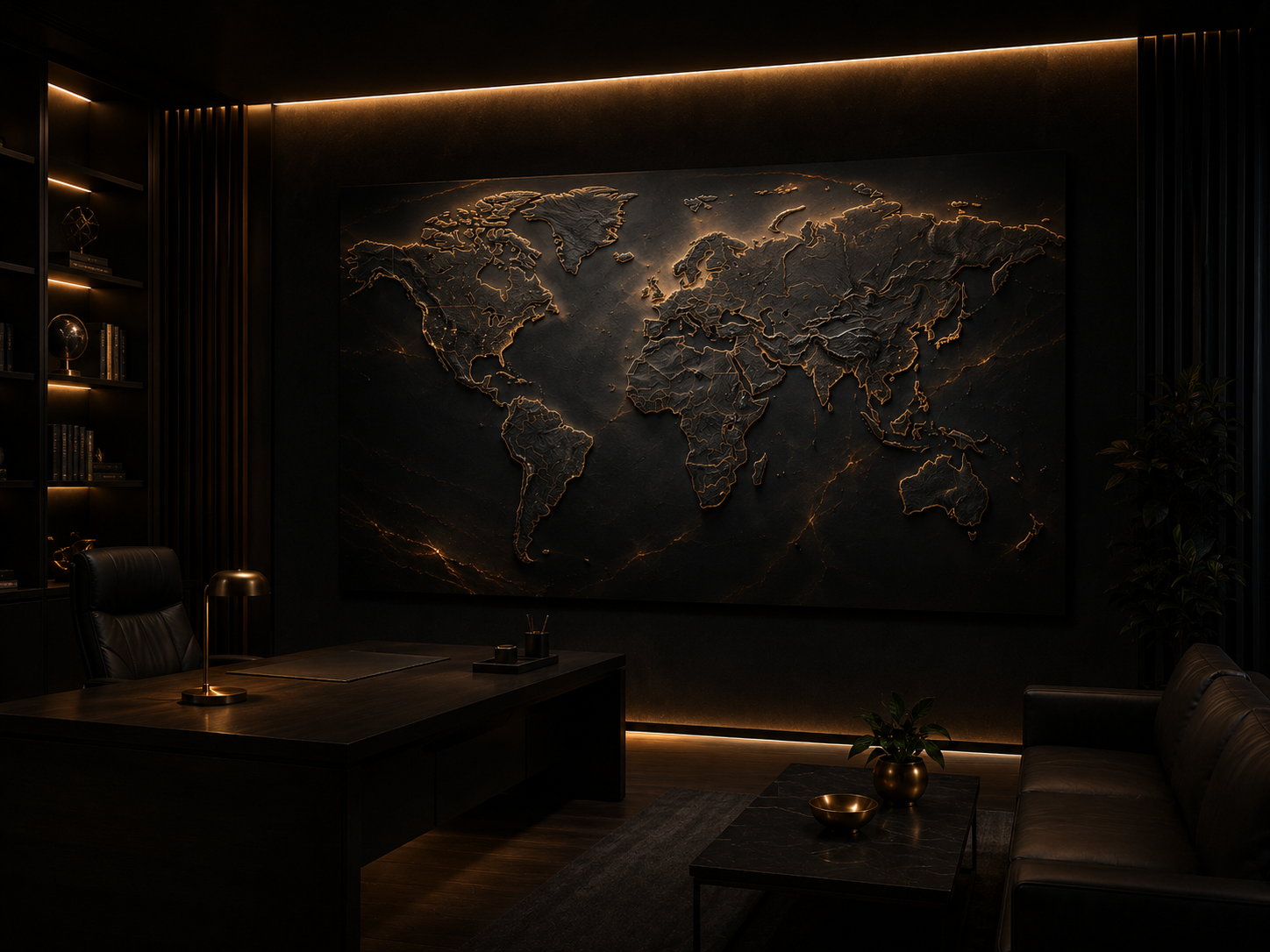 NexArt black map aluminium poster displayed in a premium office