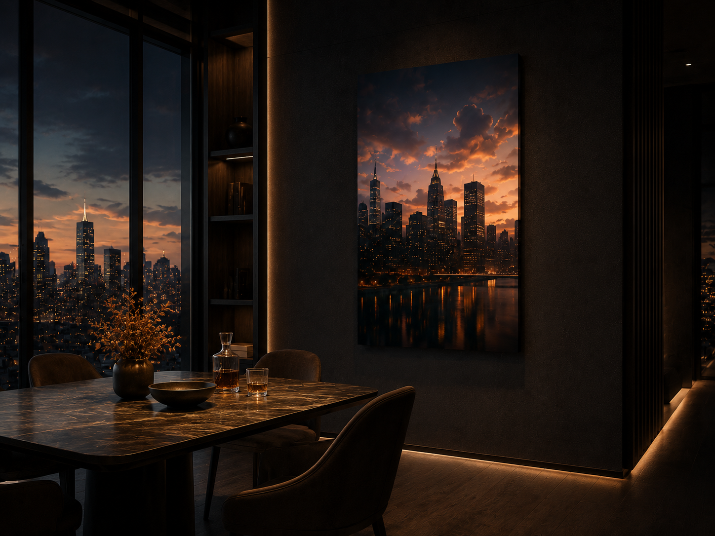 NexArt cityscape aluminium poster displayed in a modern dining room