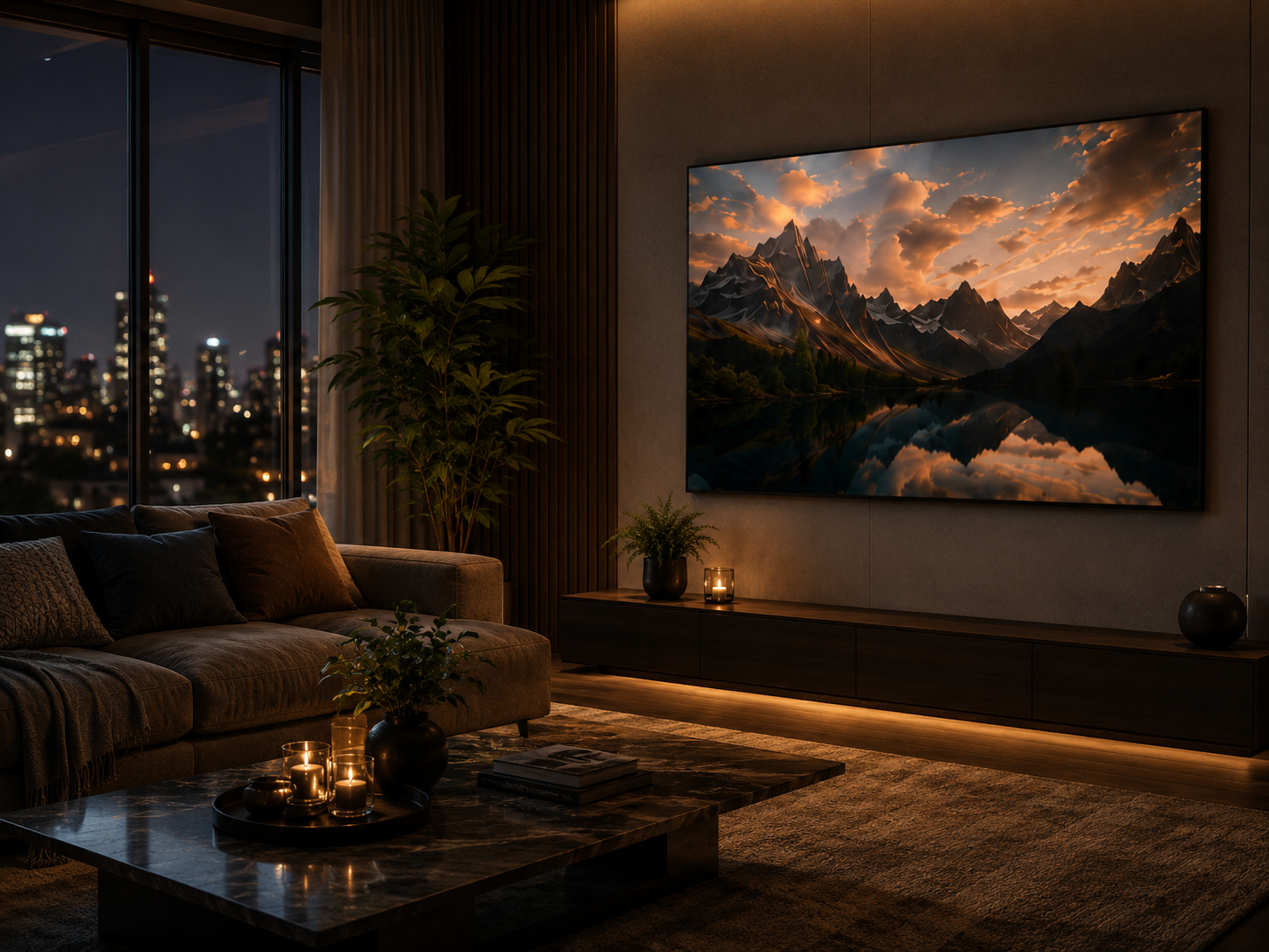NexArt mountain aluminium poster displayed in a premium living room