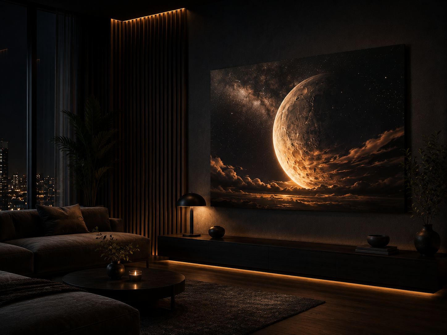 NexArt space aluminium poster displayed in a cinematic living room