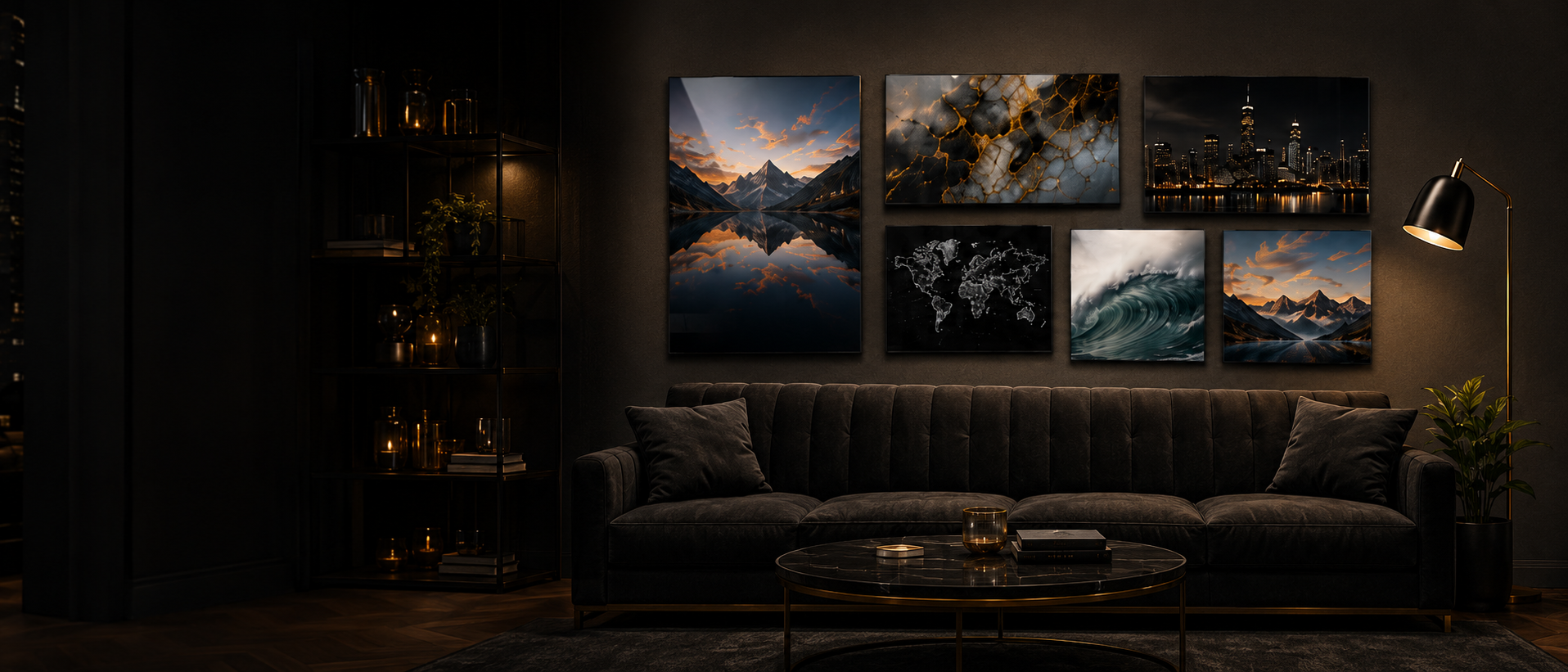 NexArt premium aluminium wall art composition in a luxury living room